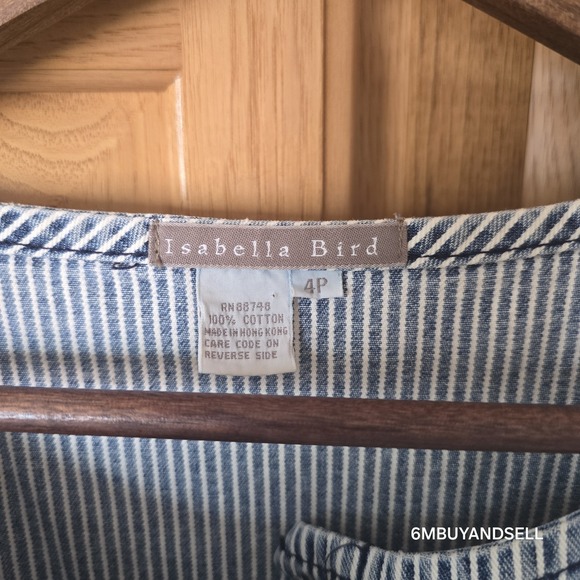 Isabella Bird Women's 4P Blue Railroad Striped Midi Sleeveless Button Down Dress - Picture 4 of 12